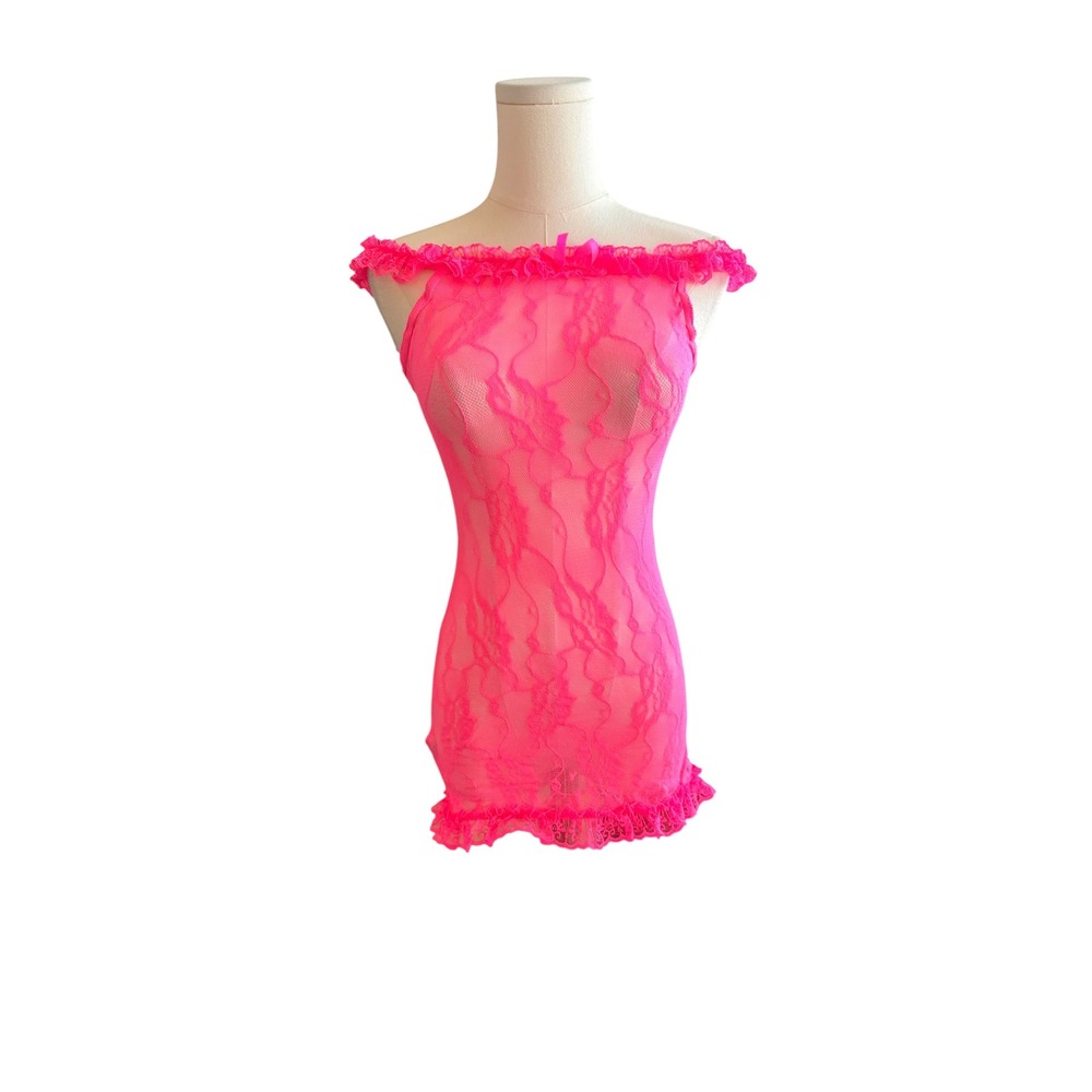 Elegant Moments Vintage Neon Pink Sheer Lace Lingerie Mini Dress size S